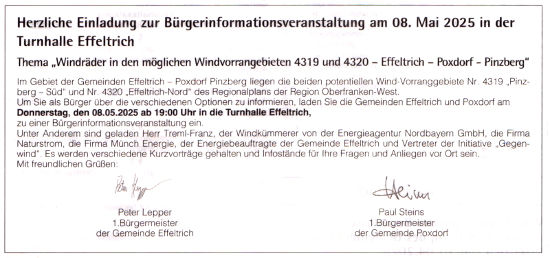 Bürgerinformationsveranstaltung am 8. Mai in der Turnhalle Effeltrich